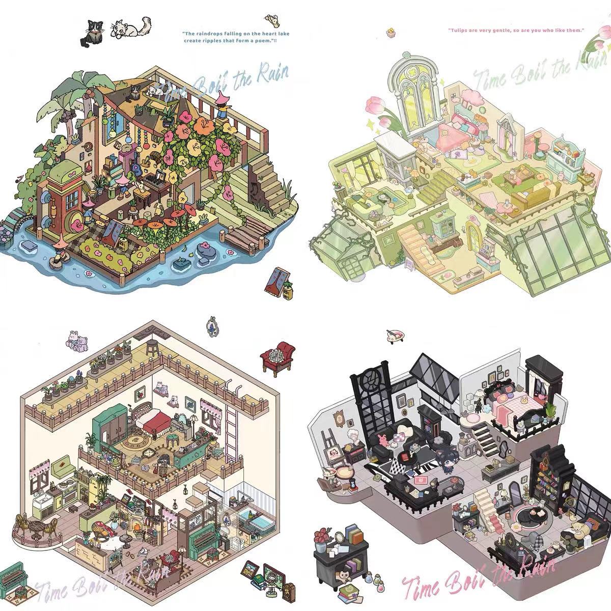 Miniature Tulip House Dreamy Loft Lake Villa Y2K Style 3D Sticker Scene
