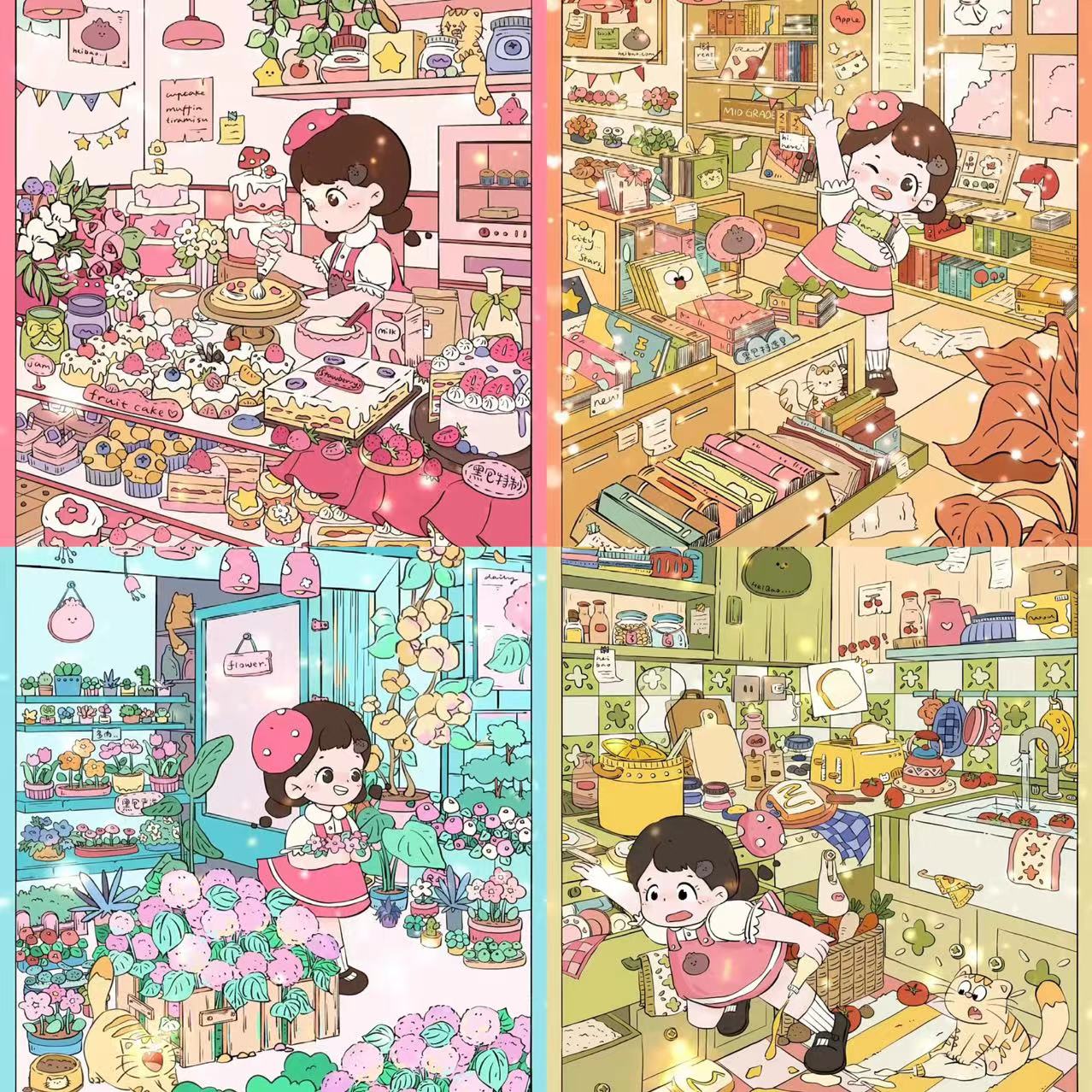 DIY Sweetie Cake illustrated Bookstore Flower Shop Kitchen 3D Sticker Scene