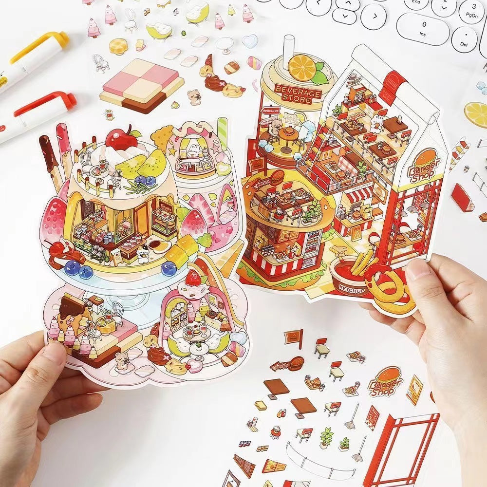 3D Food Sticker Scene DIY Sushi Hot Pot Resturant Pudding Ice Cream Hamburger