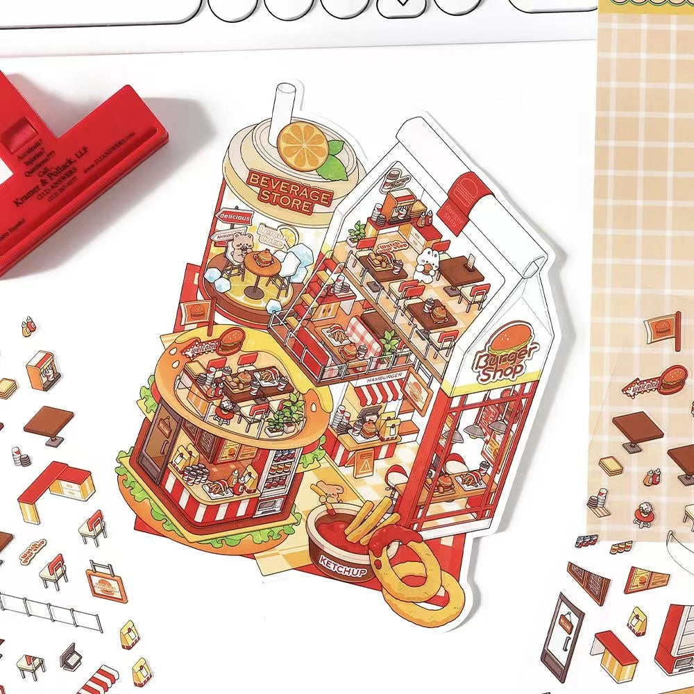 3D Food Sticker Scene DIY Sushi Hot Pot Resturant Pudding Ice Cream Hamburger