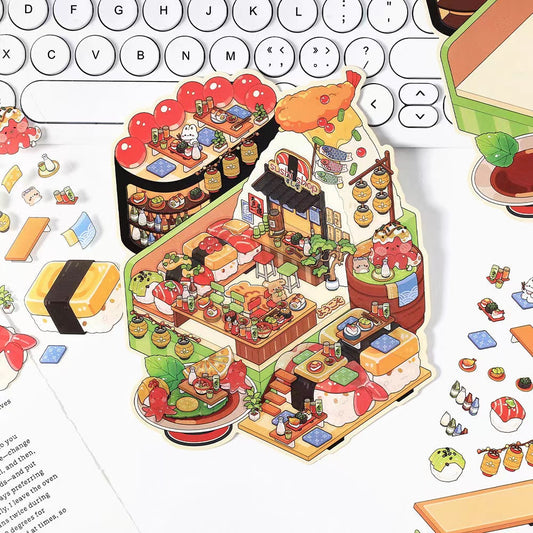 3D Food Sticker Scene DIY Sushi Hot Pot Resturant Pudding Ice Cream Hamburger