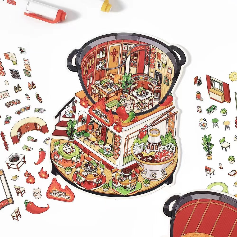 3D Food Sticker Scene DIY Sushi Hot Pot Resturant Pudding Ice Cream Hamburger