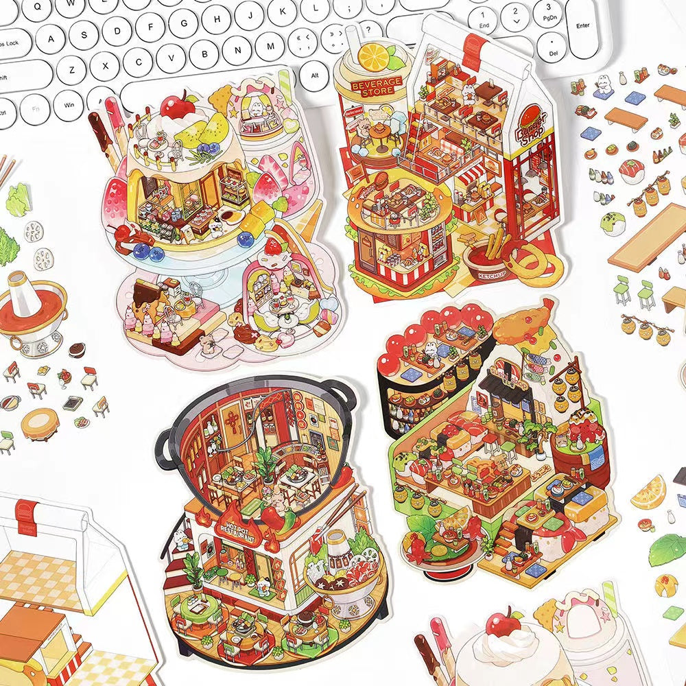 3D Food Sticker Scene DIY Sushi Hot Pot Resturant Pudding Ice Cream Hamburger