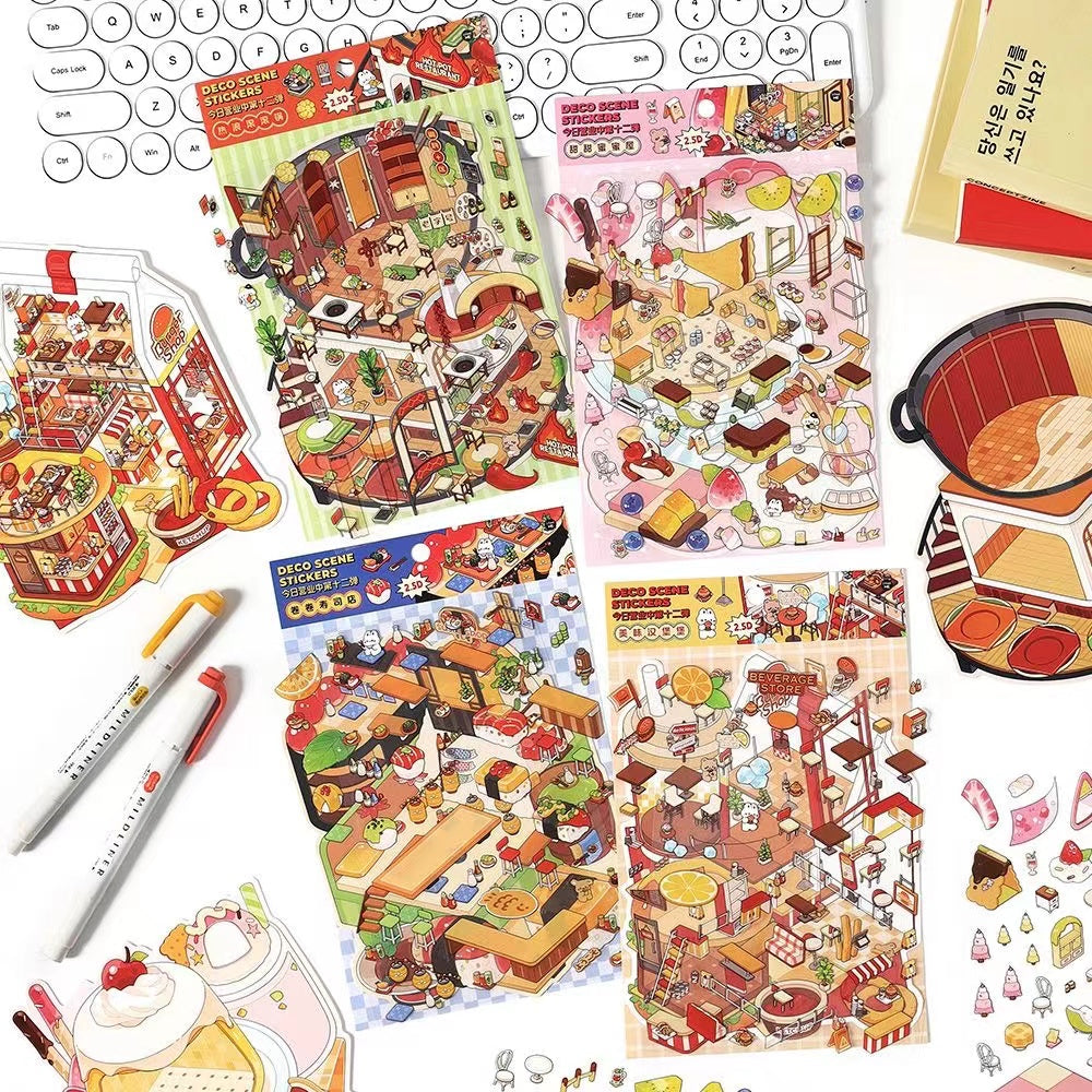 3D Food Sticker Scene DIY Sushi Hot Pot Resturant Pudding Ice Cream Hamburger