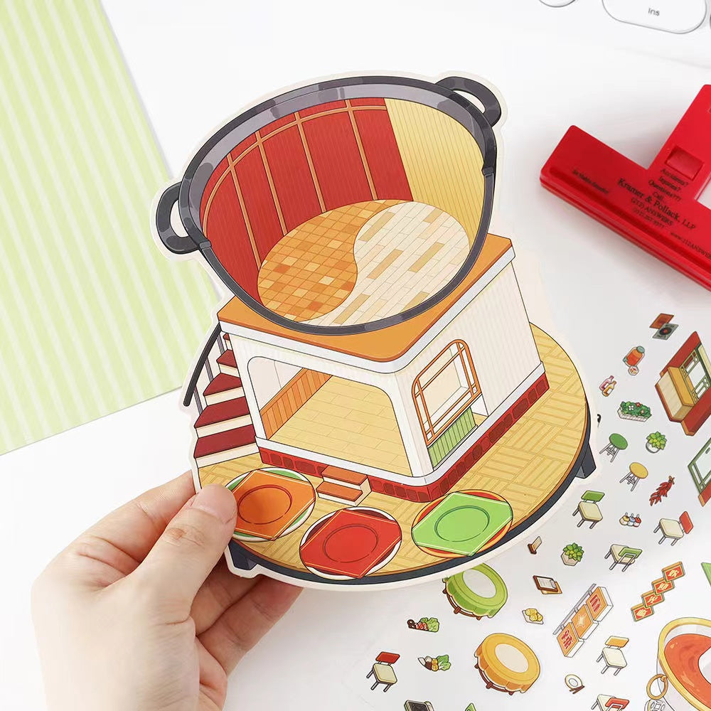 3D Food Sticker Scene DIY Sushi Hot Pot Resturant Pudding Ice Cream Hamburger