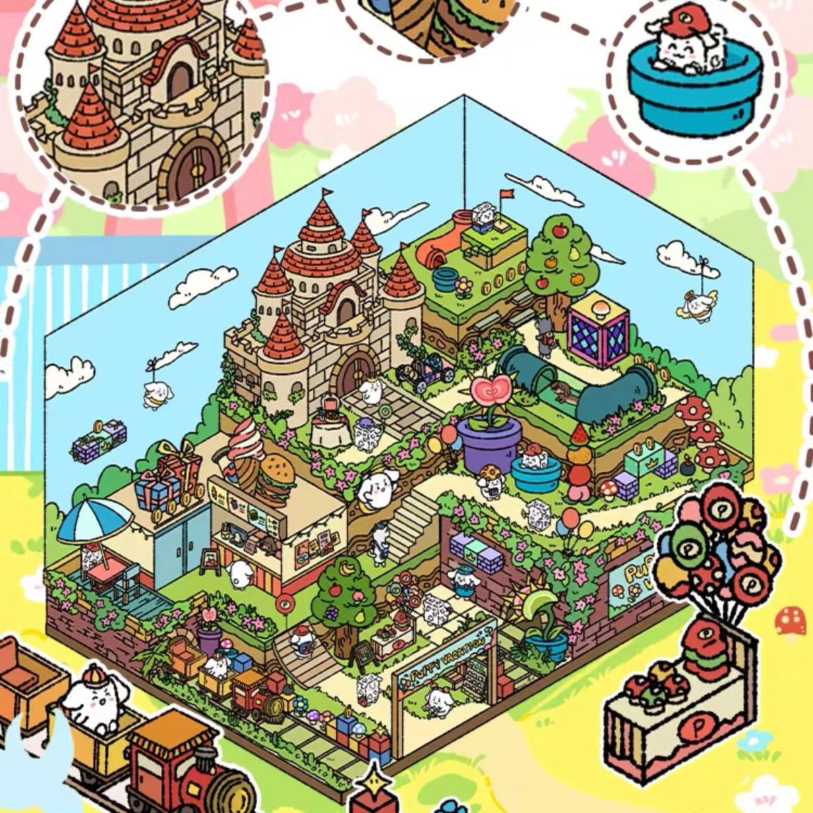 Puppy Sticker Scenes! Create Coffee Shop|Pizzeria|Pasture|Bedroom|Hot Spring|Magic House