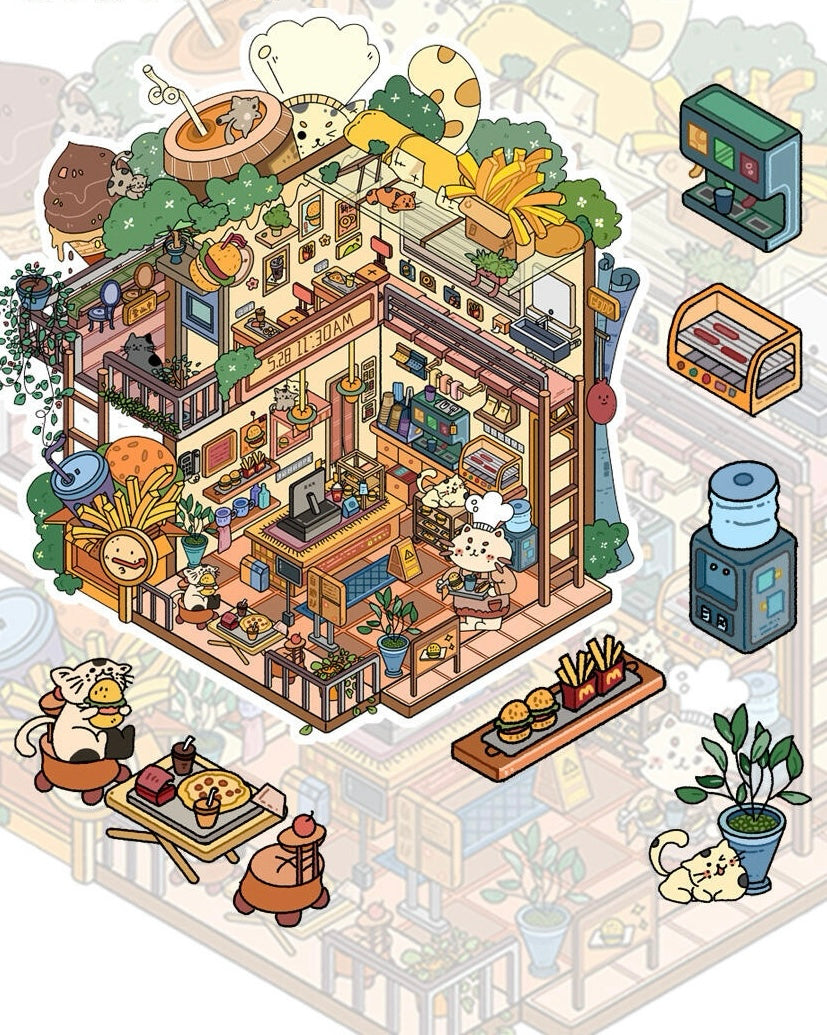 DIY Cute Cat Bakery Fast Food 3D Sticker Scene