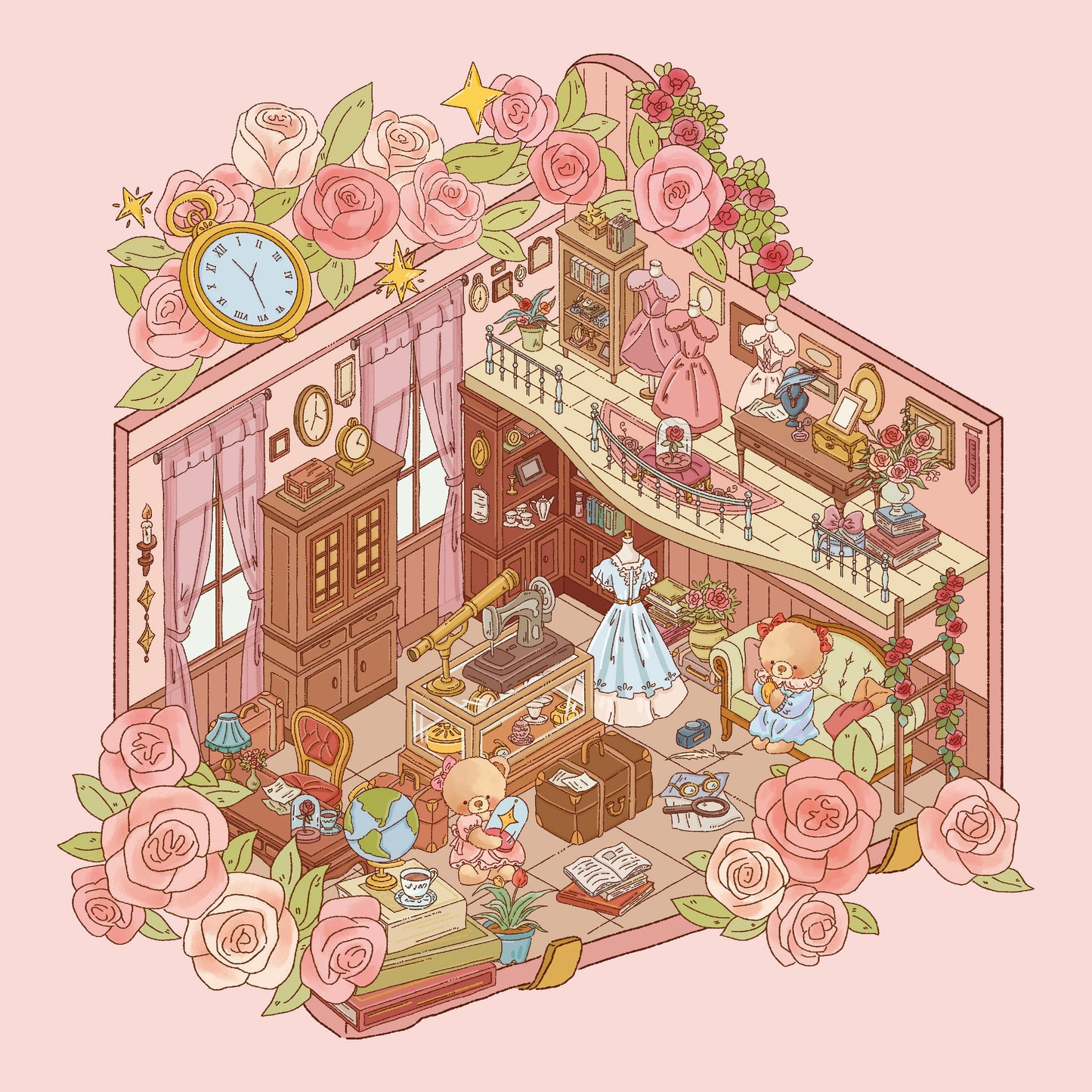 3D Miniature Scene Stickers DIY Little Bear’s Romantic Cottage Afternoon Tea