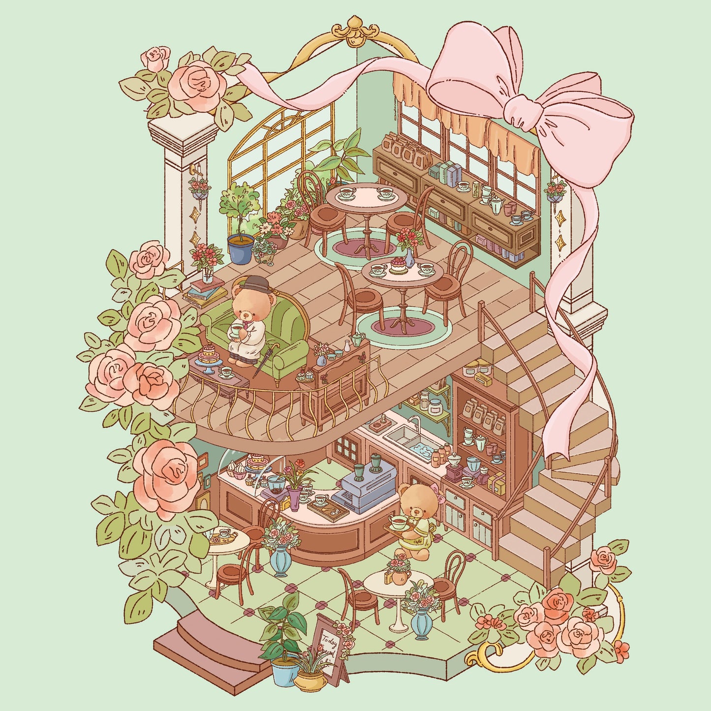 3D Miniature Scene Stickers DIY Little Bear’s Romantic Cottage Afternoon Tea