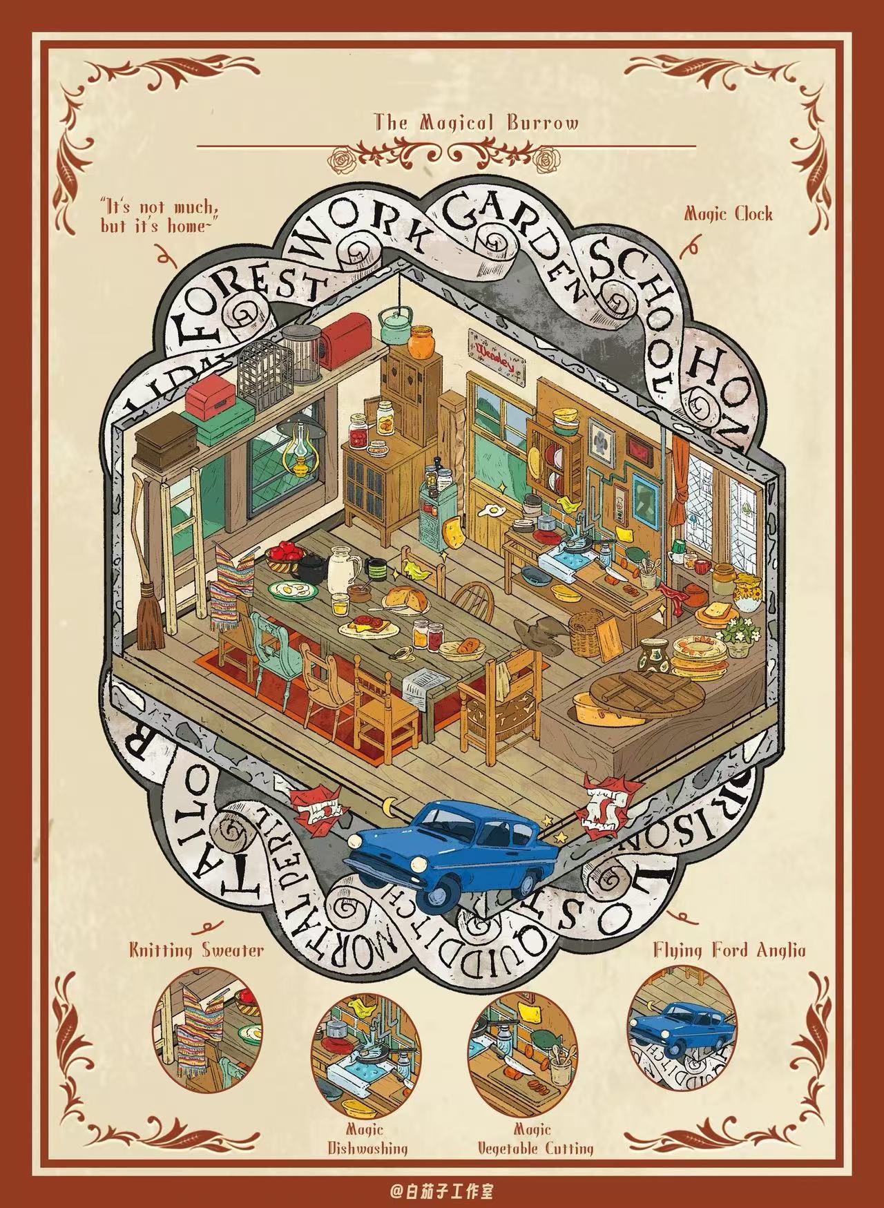 3D Magical Scene Sticker Hagrid’s Hut The Burrow Slytherin Common Room