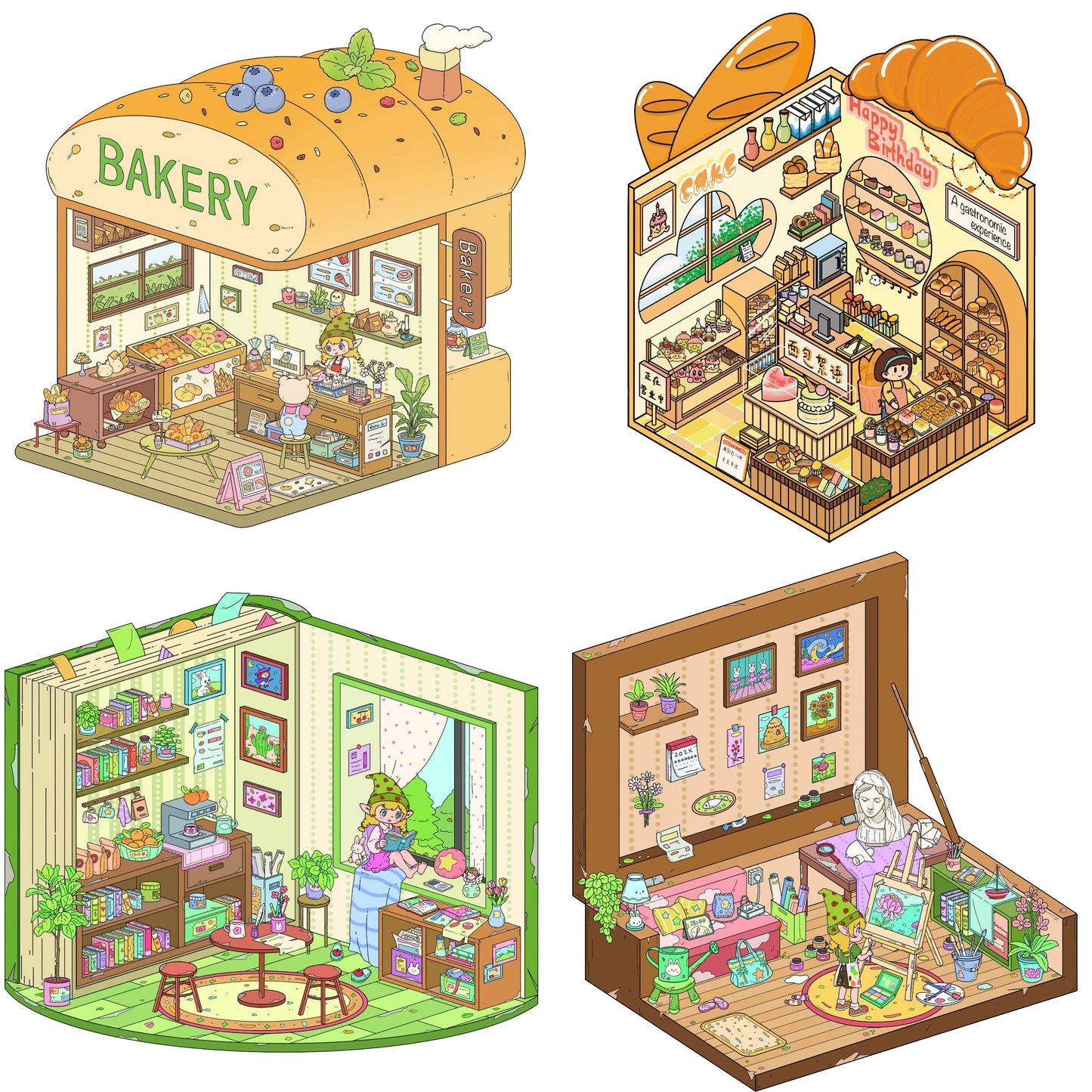 DIY 3D Dessert Shop Bakery BookStore Art Studio Miniature Scene Stickers
