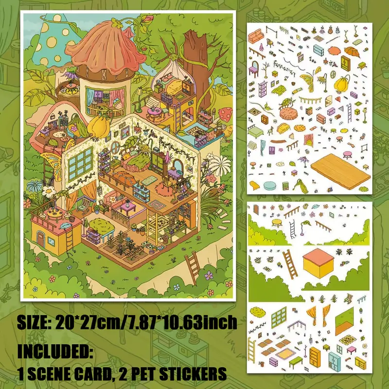 3D Miniature Scene Stickers, Make Pink Villa Mushroom Floral House Sky Paradise
