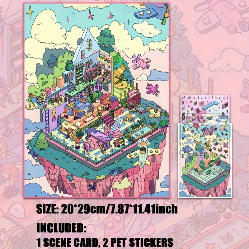 3D Miniature Scene Stickers, Make Pink Villa Mushroom Floral House Sky Paradise