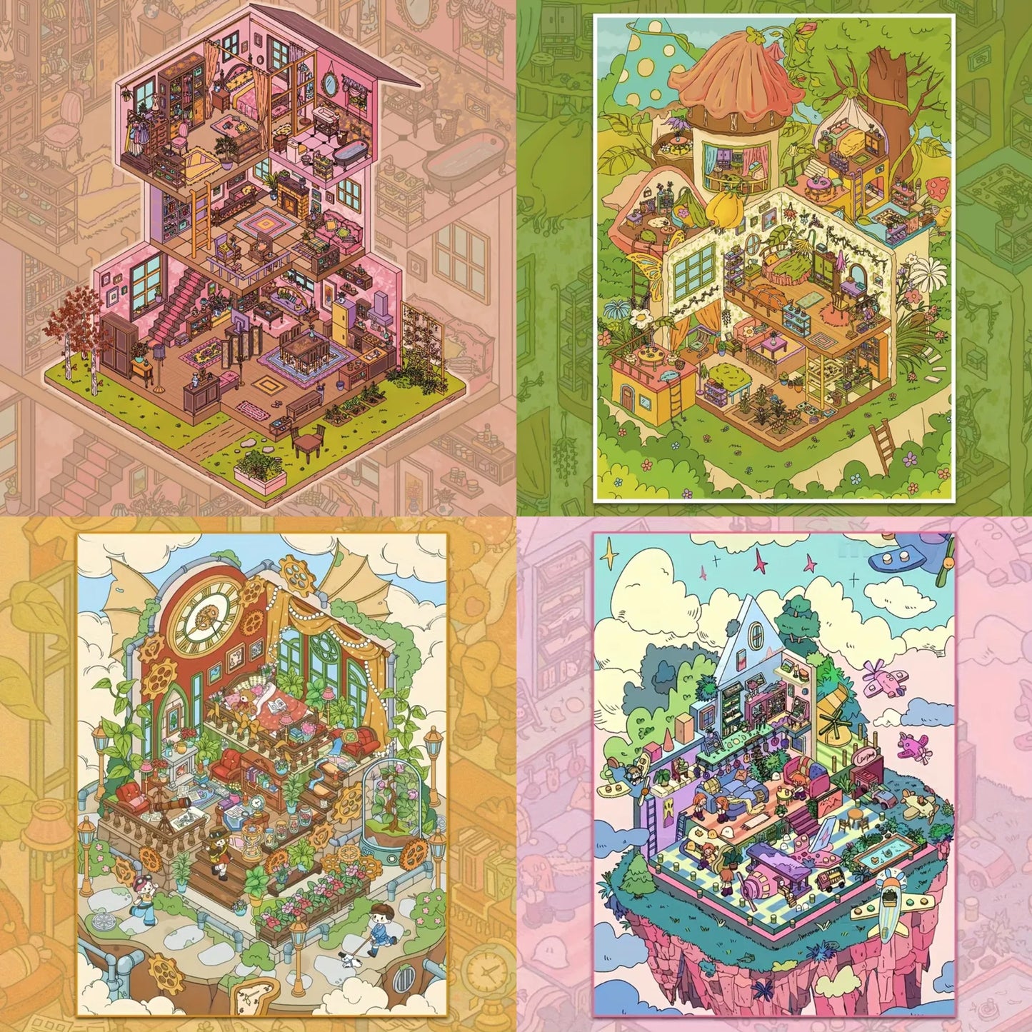 3D Miniature Scene Stickers, Make Pink Villa Mushroom Floral House Sky Paradise