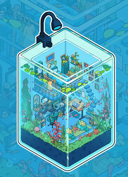 Flip-open 3D Sticker Create Home in the Fish Tank Cottage