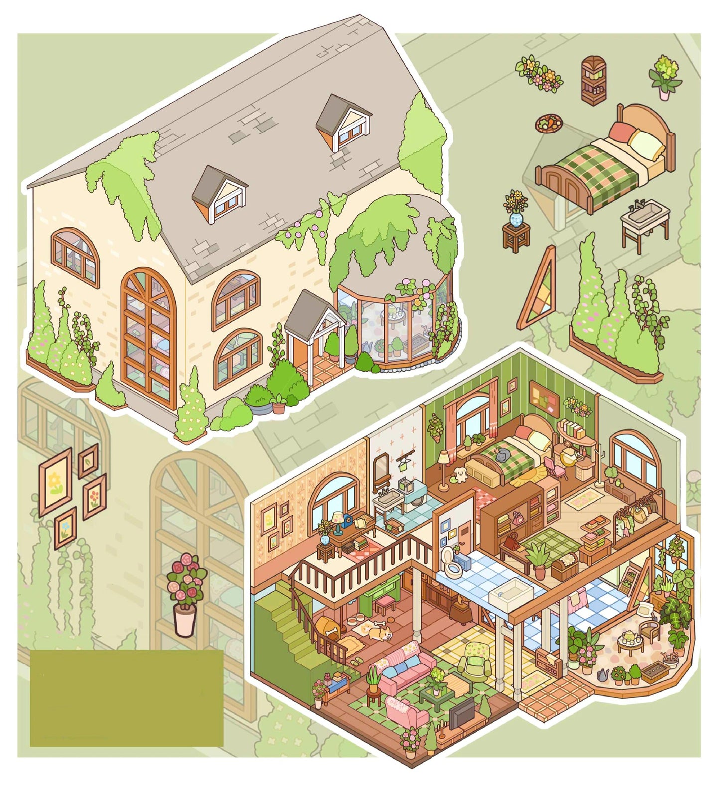 Flip-open 3D Sticker Create Home in the Fish Tank Cottage