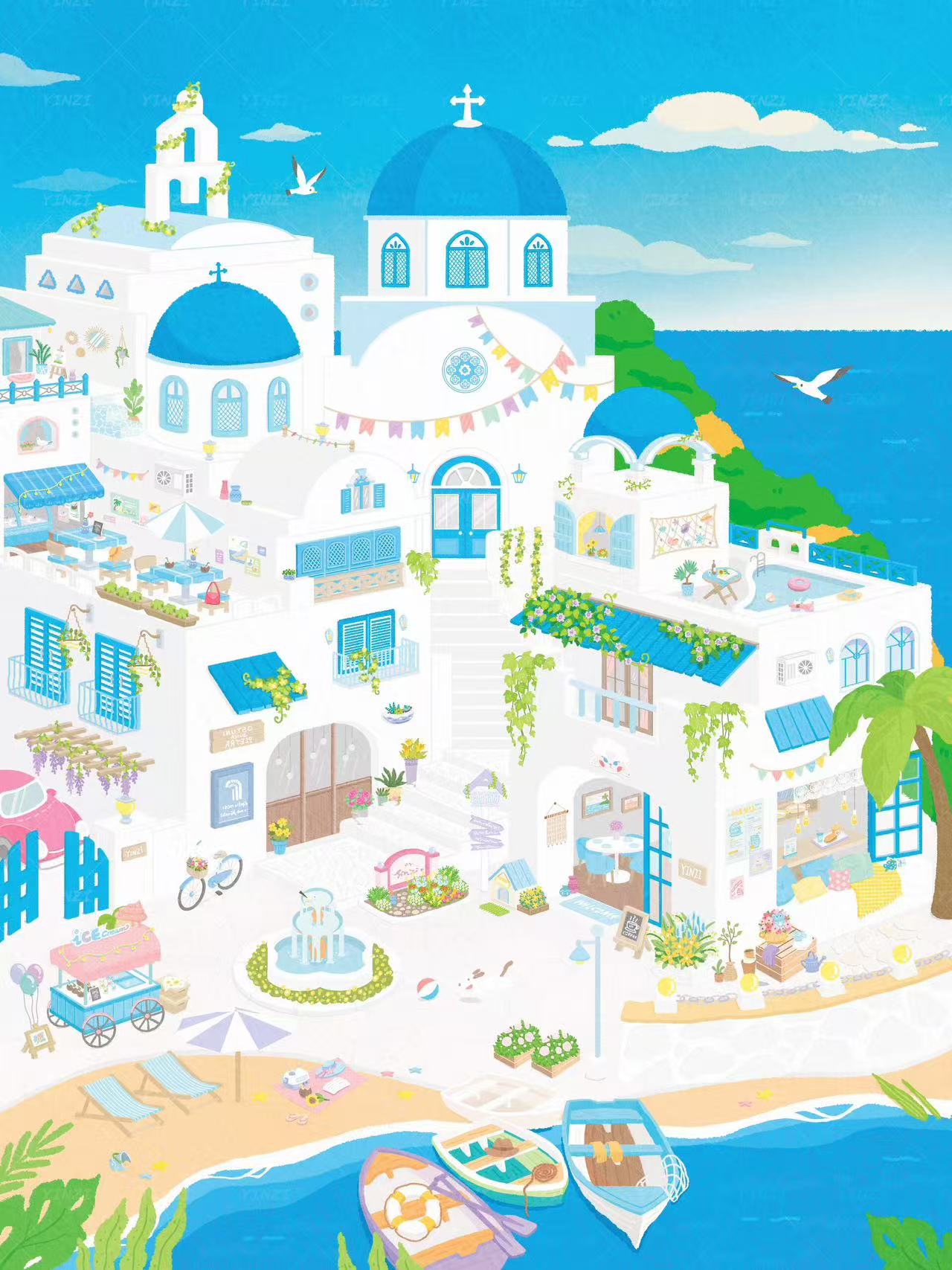 City 3D Scene Stickers Santorini Sicilian Village Rio de Janeiro Dubai