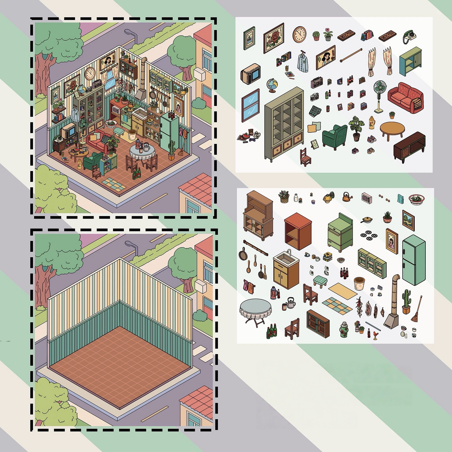 Daily Life Home Scene Stickers – Kitchen, Balcony, Study & Living Room Decor