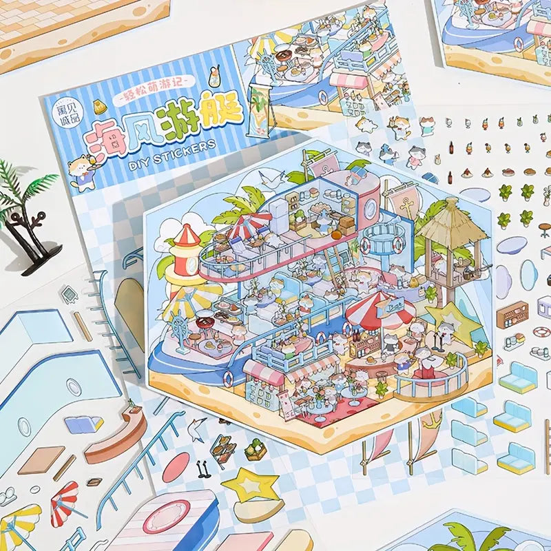 3D Sticker Scene DIY Cat Farm Forest Book Bar Yacht Party Amusement Park
