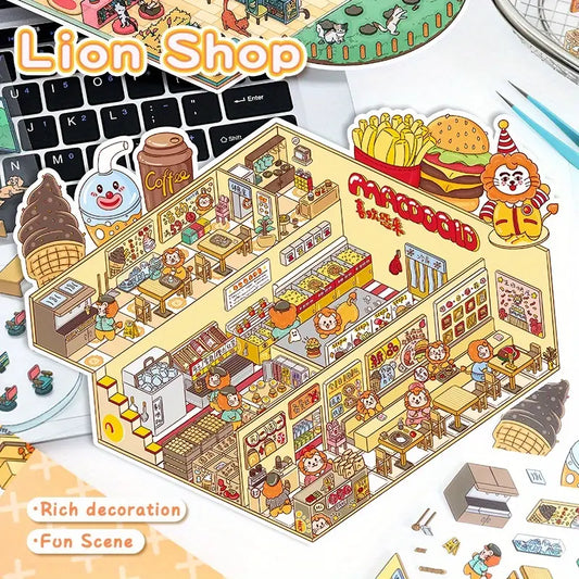Big Size 3D Sticker Scene, DIY Lion Resturant Cat Cafe
