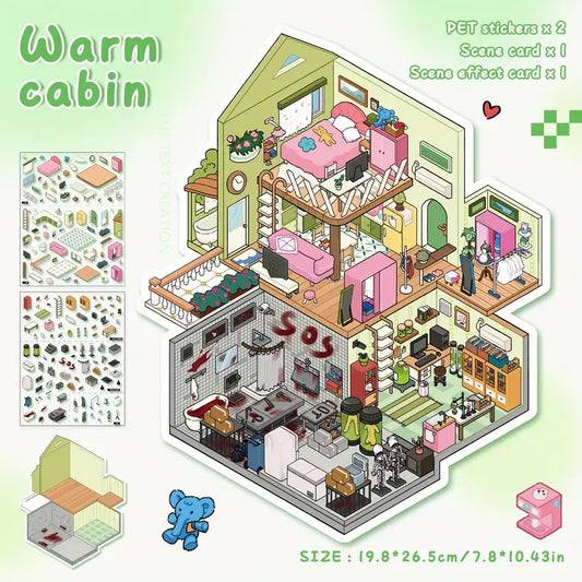3D Miniature Scene Stickers Create Warm Cabin Mahjong Parlor