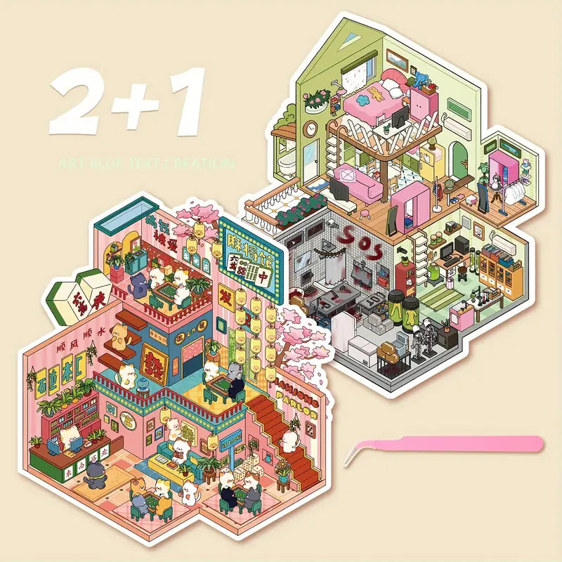 3D Miniature Scene Stickers Create Warm Cabin Mahjong Parlor