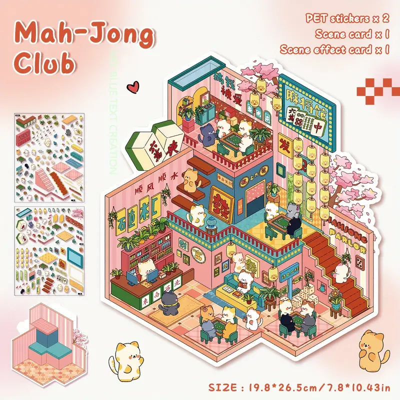 3D Miniature Scene Stickers Create Warm Cabin Mahjong Parlor