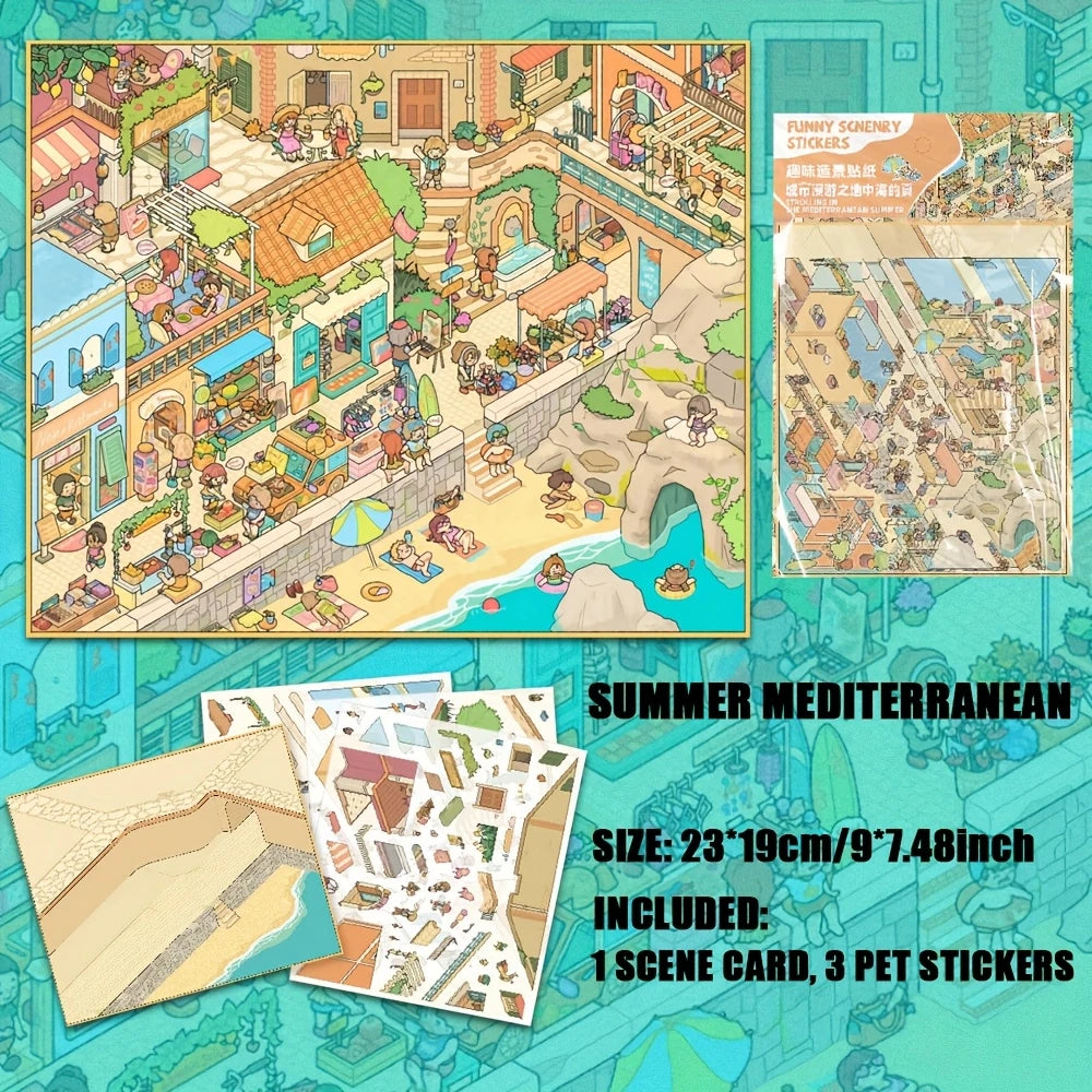 Big Size 3D Sticker Scene: Japanese Retro Street|Courtyard Moments|Mediterranean Sun
