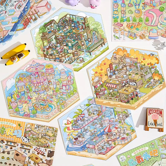 3D Sticker Scene DIY Cat Farm Forest Book Bar Yacht Party Amusement Park