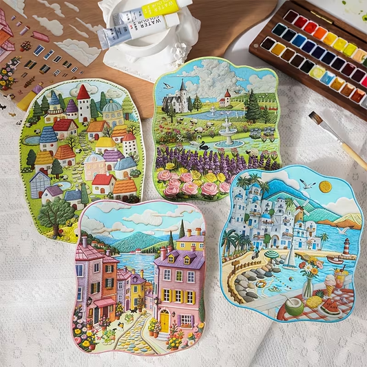 Embroidery 3D Scene Sticker Grassland Village European Town Garden