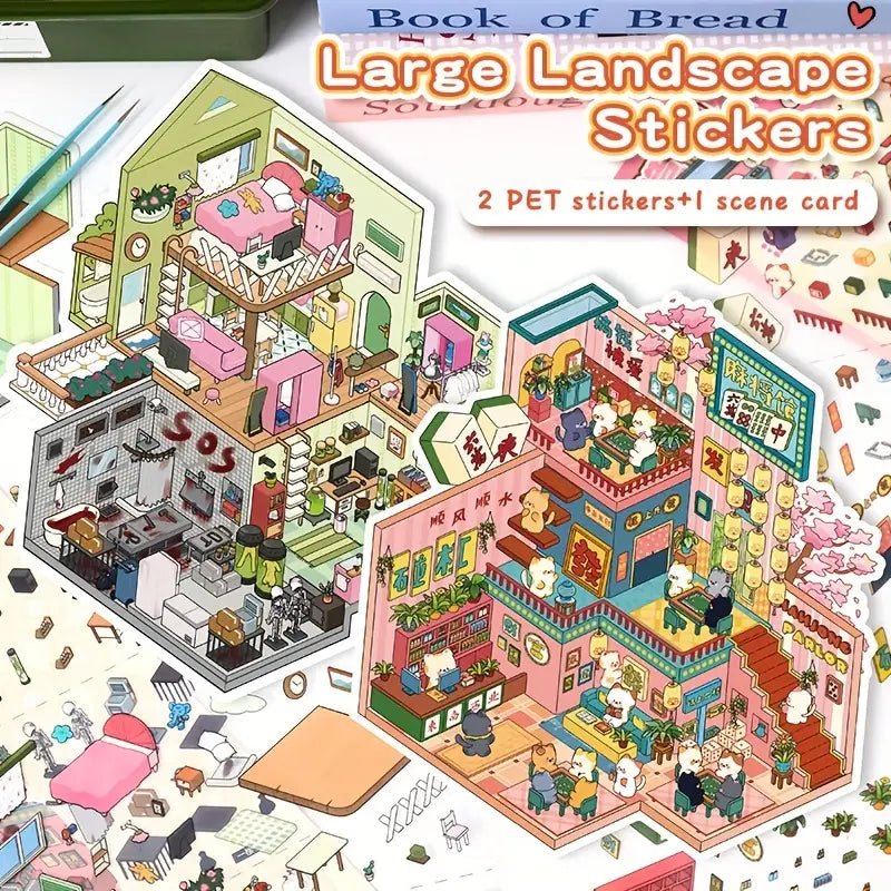 3D Miniature Scene Stickers Create Warm Cabin Mahjong Parlor