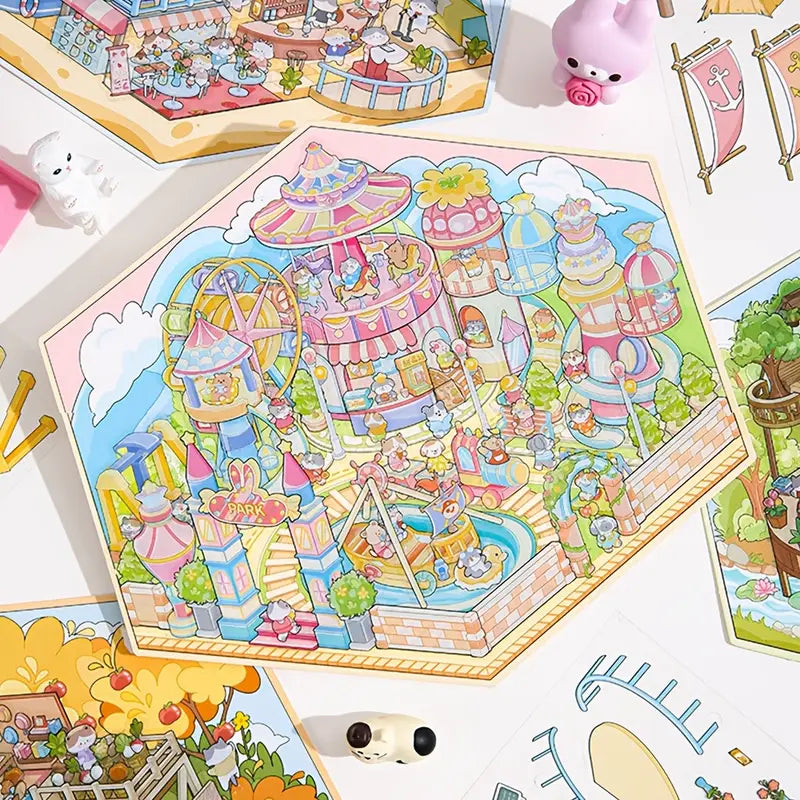 3D Sticker Scene DIY Cat Farm Forest Book Bar Yacht Party Amusement Park