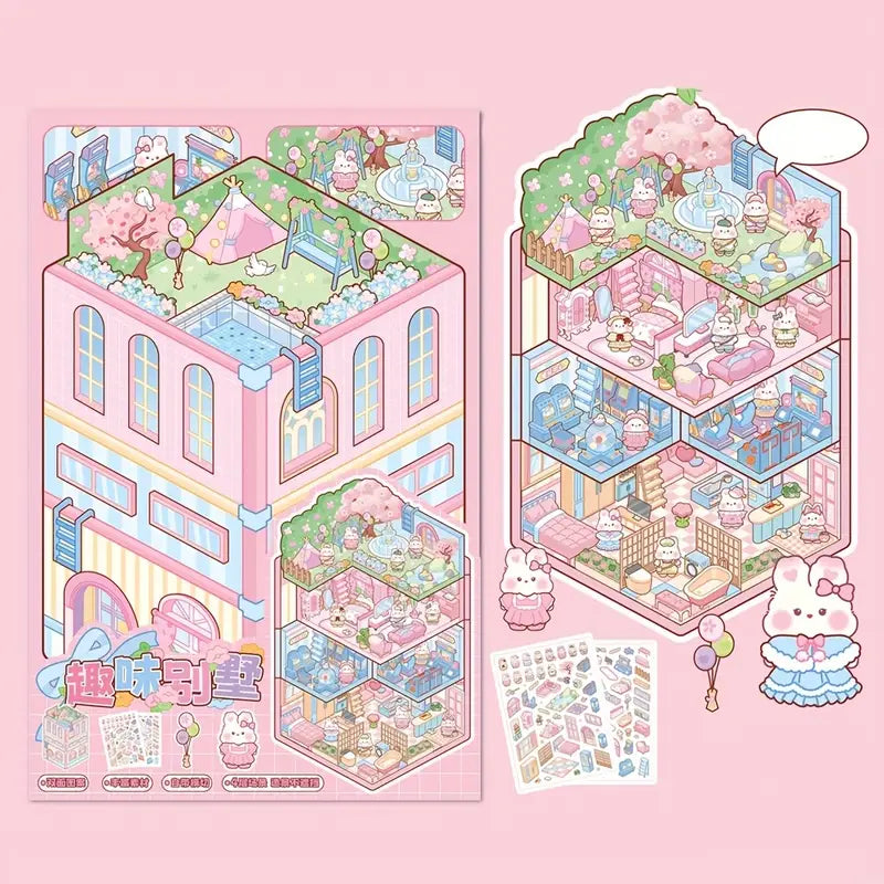 Create 3D Triple-Fold House Stickers Capybara Hot Spring Gourmet Hut Panda Courtyard