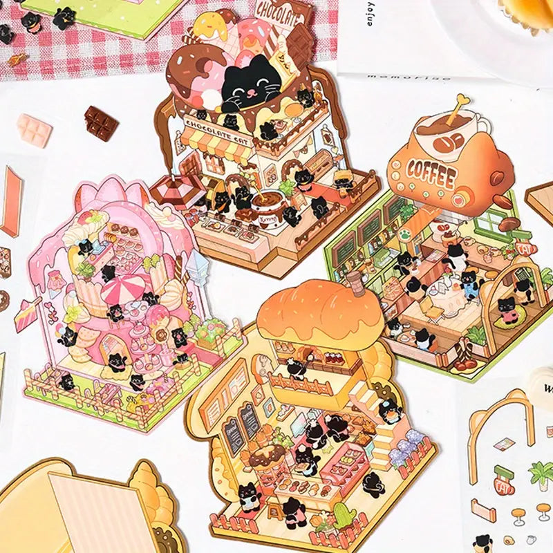 Black Kitty Bakery Coffee Dessert Shop 3D Miniature Landscape Scene Stickers