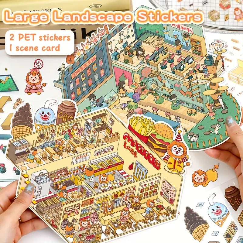 Big Size 3D Sticker Scene, DIY Lion Resturant Cat Cafe