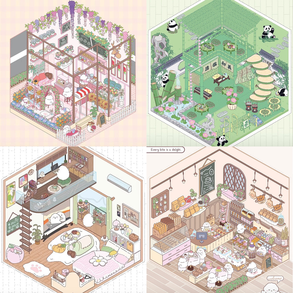 Sticker Scenes! DIY Coffee Flower|Panda Tea House|Bakery Shop|Apartment|Chocolate Factory