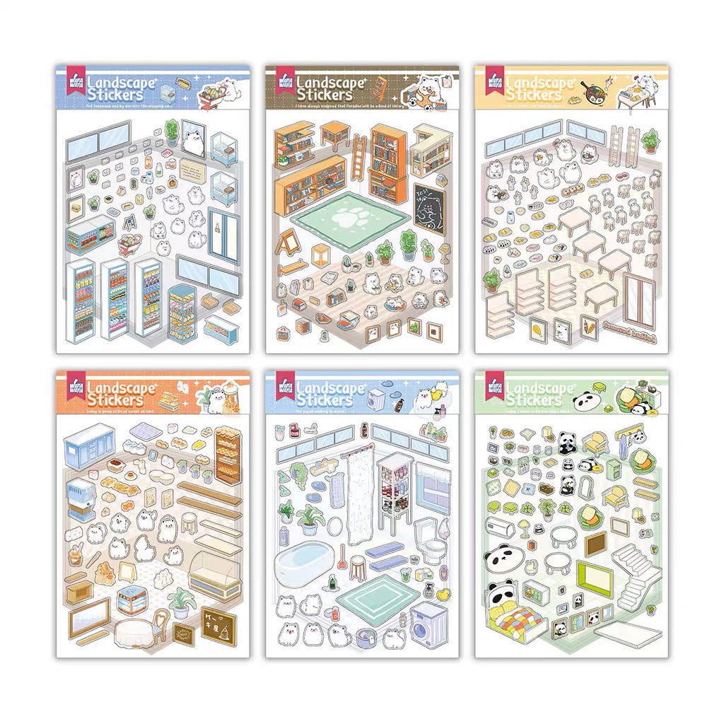 Sticker Play Scenes, Make A Grocery Store|Library|Buffet|Bakery|Bathroom|Panda Room