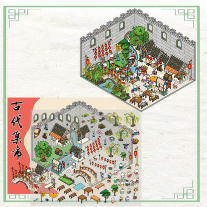 Ancient Chinese Architecture 3D Sticker Scenes, Build Chinese Garden Ancient Market