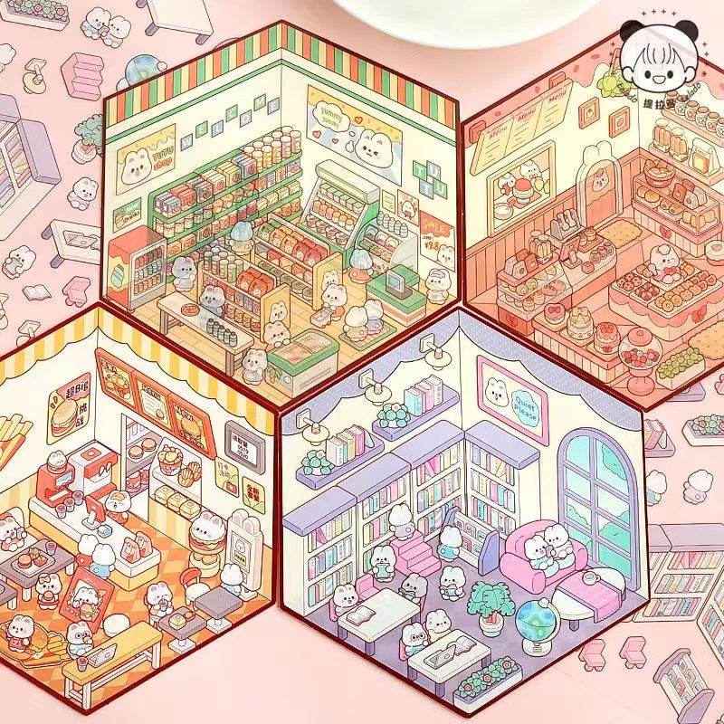 Stickers Scene, Make Cute Rabbit Dessert Shop|Panda Tea House|Bookstore|Burger Shop