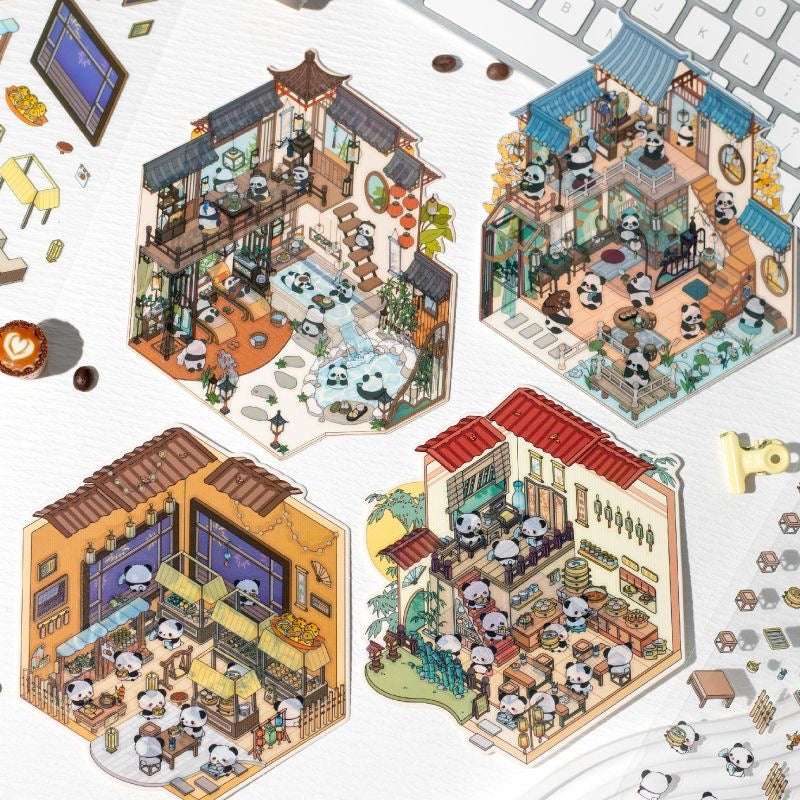 Traditional Chinese Architecture Sticker Scene: Dim Sum|Hot Spring|Night Market|Bookstore