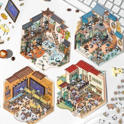 Traditional Chinese Architecture Sticker Scene: Dim Sum|Hot Spring|Night Market|Bookstore