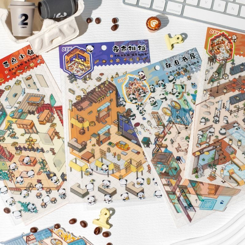 Traditional Chinese Architecture Sticker Scene: Dim Sum|Hot Spring|Night Market|Bookstore