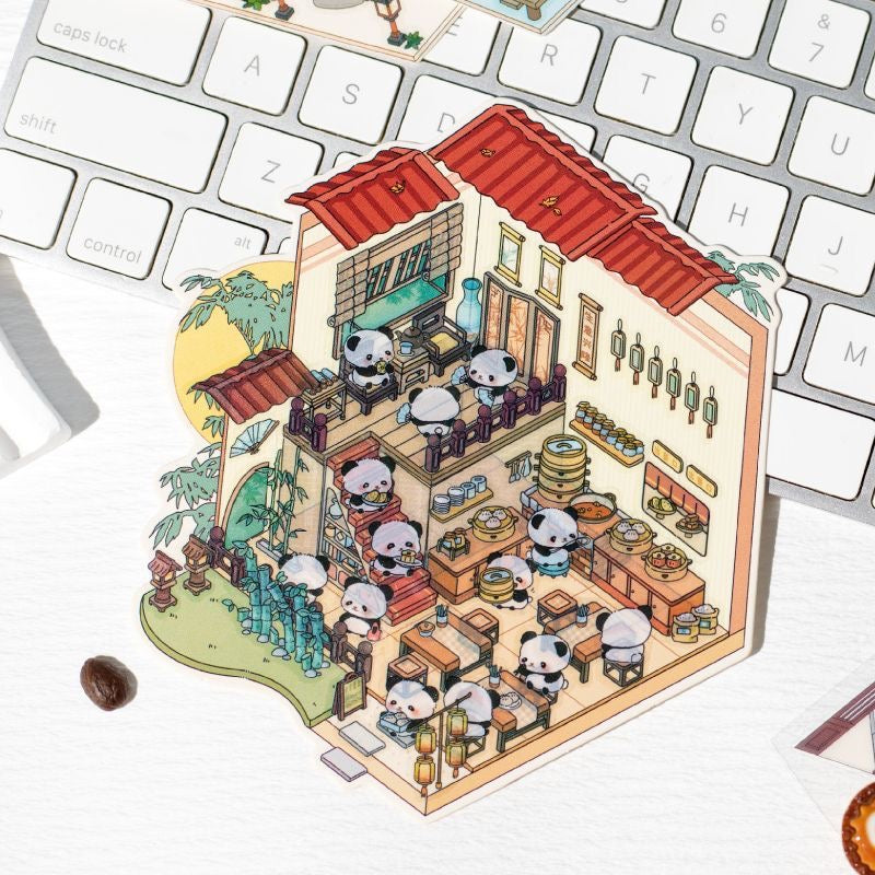 Traditional Chinese Architecture Sticker Scene: Dim Sum|Hot Spring|Night Market|Bookstore
