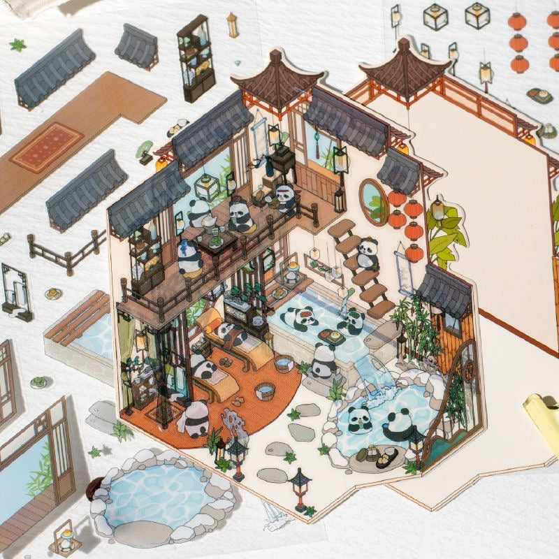 Traditional Chinese Architecture Sticker Scene: Dim Sum|Hot Spring|Night Market|Bookstore