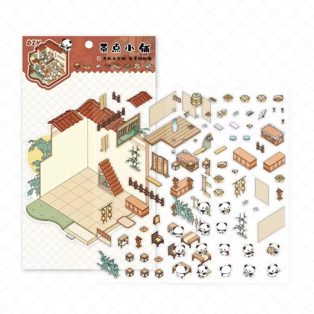 Traditional Chinese Architecture Sticker Scene: Dim Sum|Hot Spring|Night Market|Bookstore