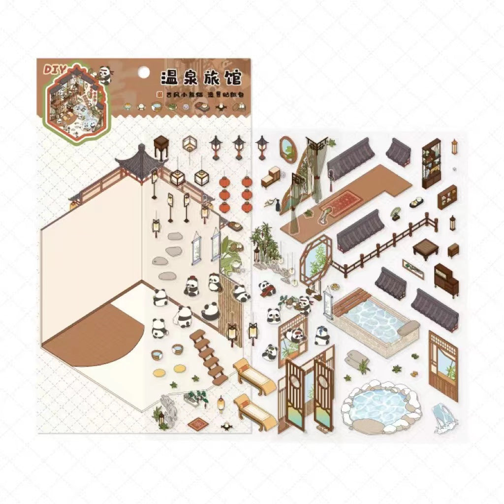 Traditional Chinese Architecture Sticker Scene: Dim Sum|Hot Spring|Night Market|Bookstore