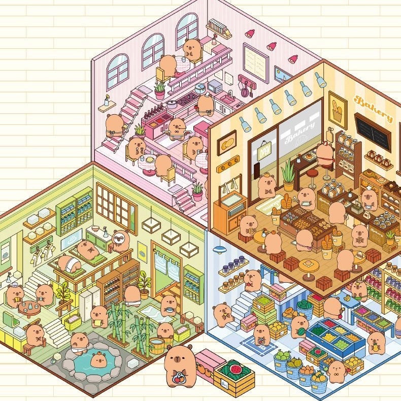 DIY Capybara Stickers Scene: Cute Animal Restaurant|Hot Spring|Baking Shop|Fruit Shop