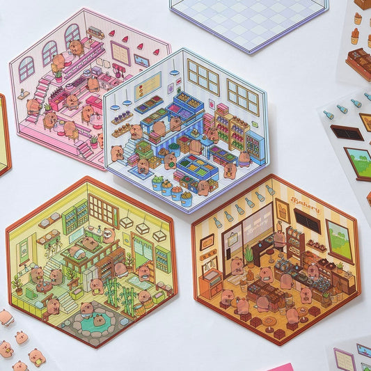 DIY Capybara Stickers Scene: Cute Animal Restaurant|Hot Spring|Baking Shop|Fruit Shop