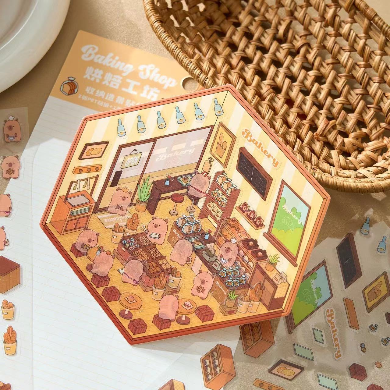 DIY Capybara Stickers Scene: Cute Animal Restaurant|Hot Spring|Baking Shop|Fruit Shop