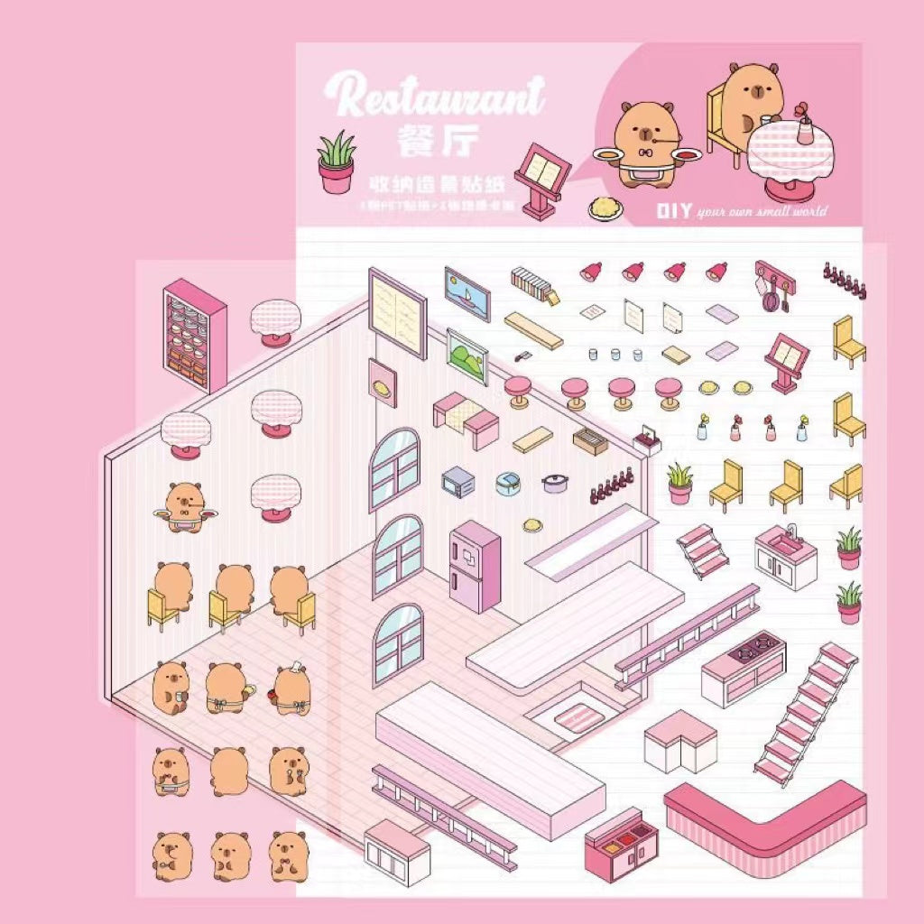 DIY Capybara Stickers Scene: Cute Animal Restaurant|Hot Spring|Baking Shop|Fruit Shop